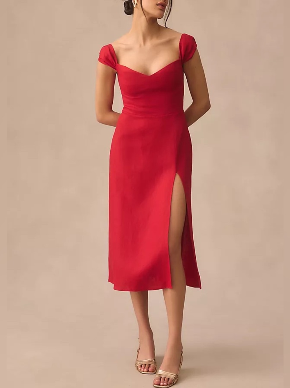 Reformation Bridgton Midi Dress Size 12 Red 100% Linen High Slit Off Shoulder